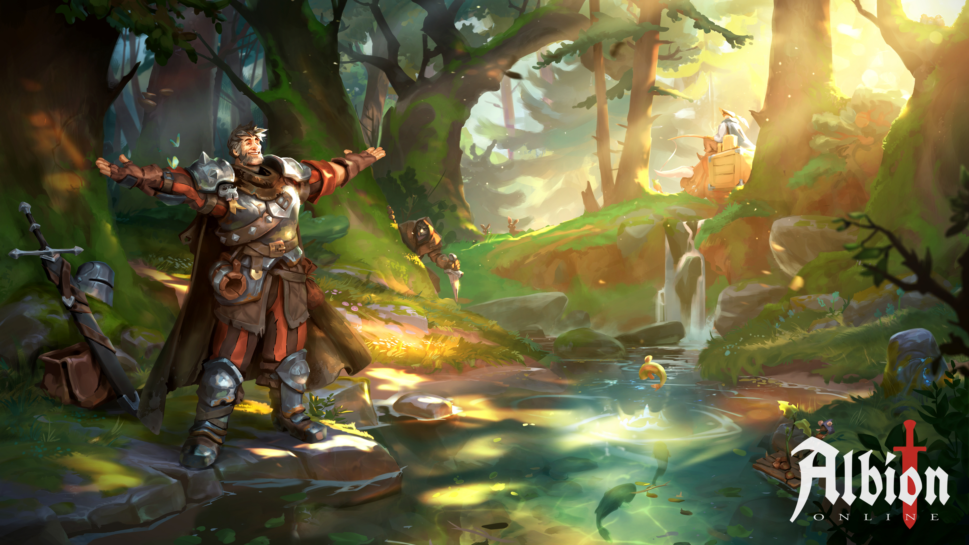 An Albion Online character standing in a sunlit forest clearing
