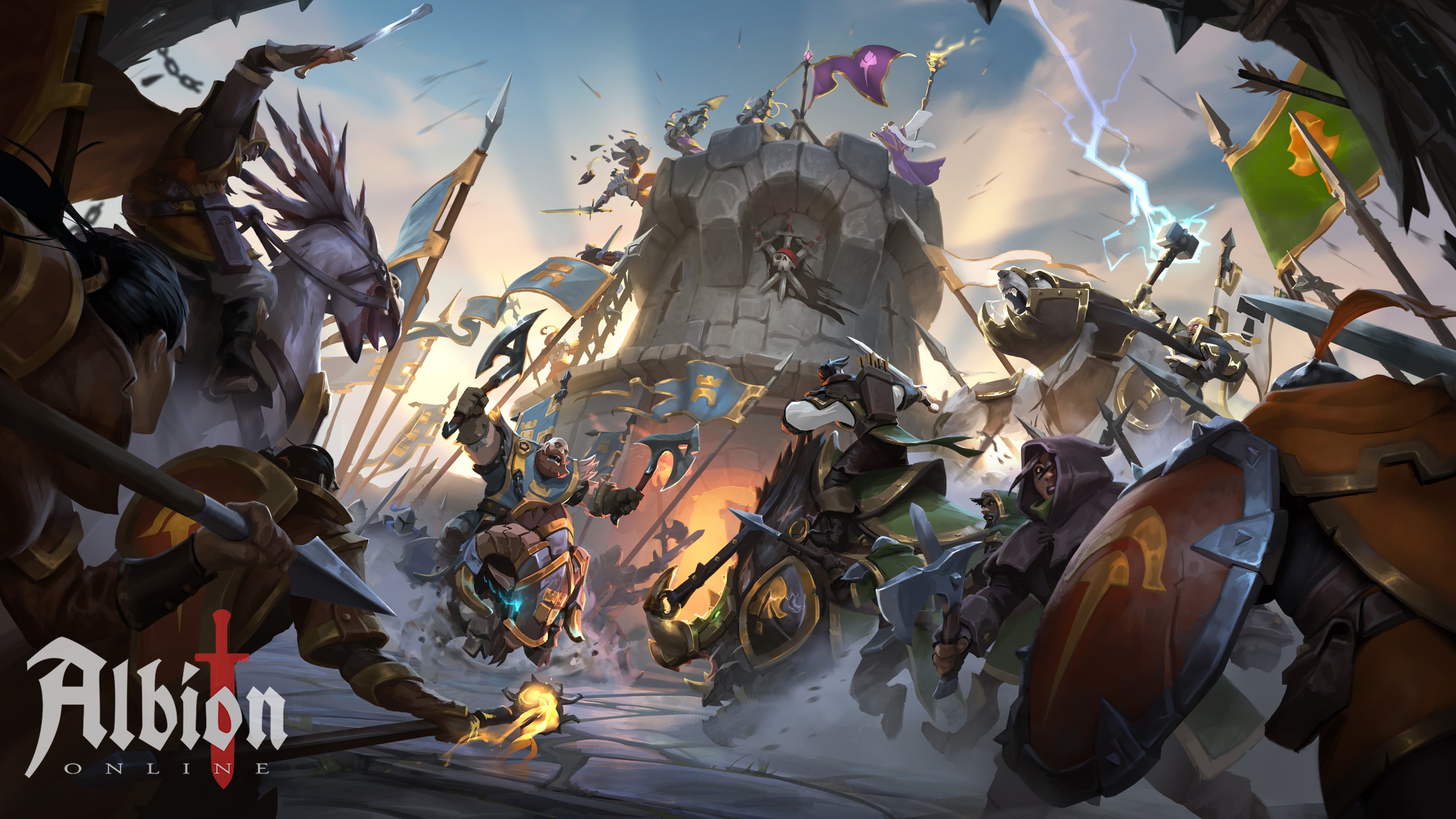 Albion Online cavalry and infantry clashing outside a castle