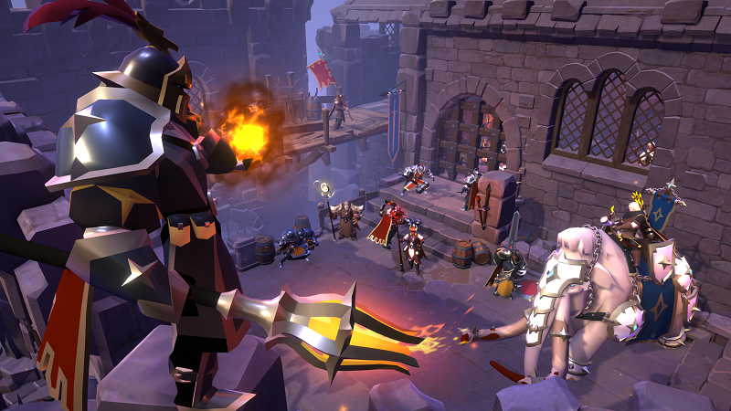 Albion Online knight casting fire magic while an armored elephant mount charges a castle
