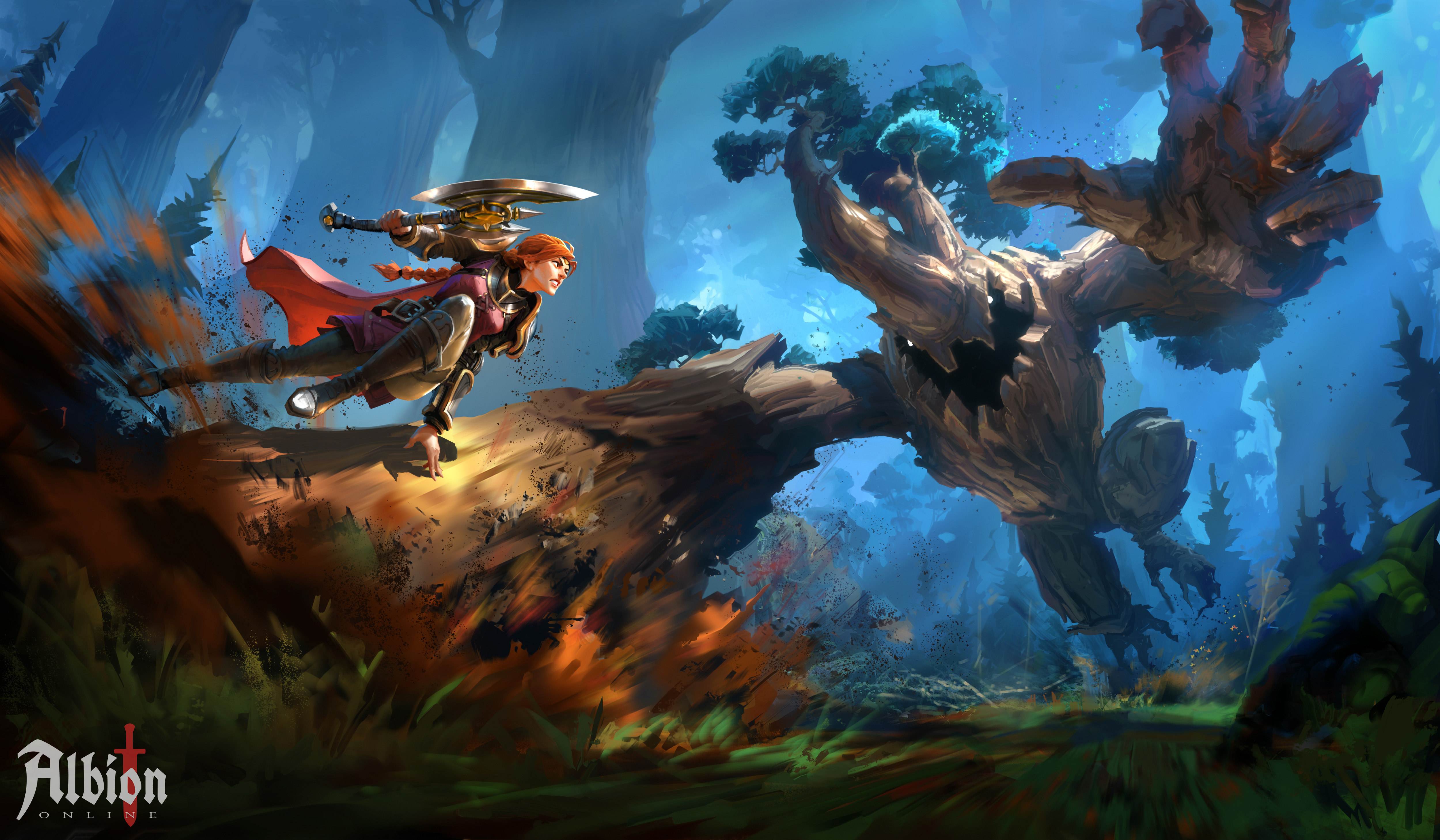 Albion Online character leaping toward a corrupted tree guardian in a blue forest