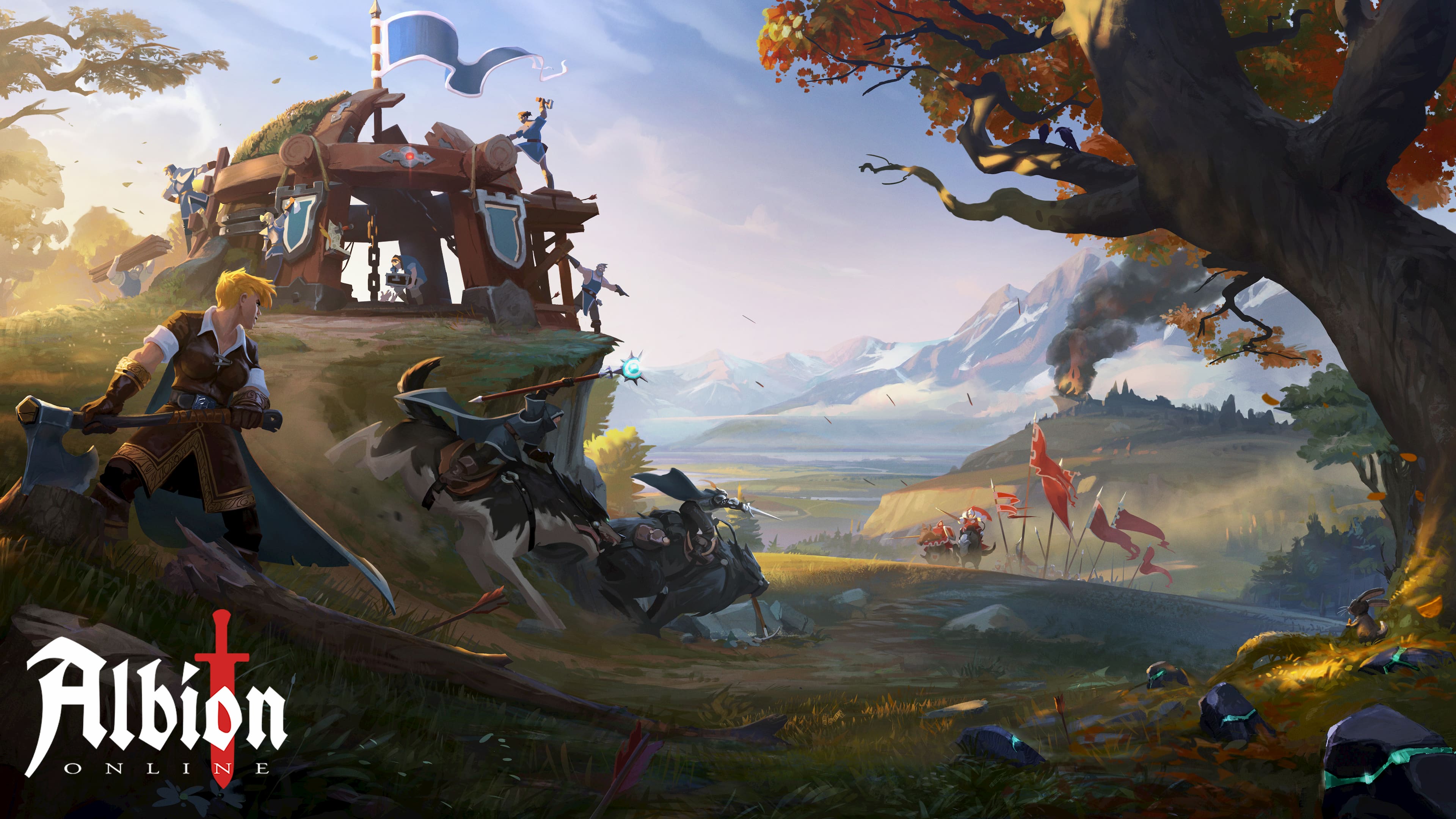 Albion Online players fighting near a wooden watchtower in an autumn forest