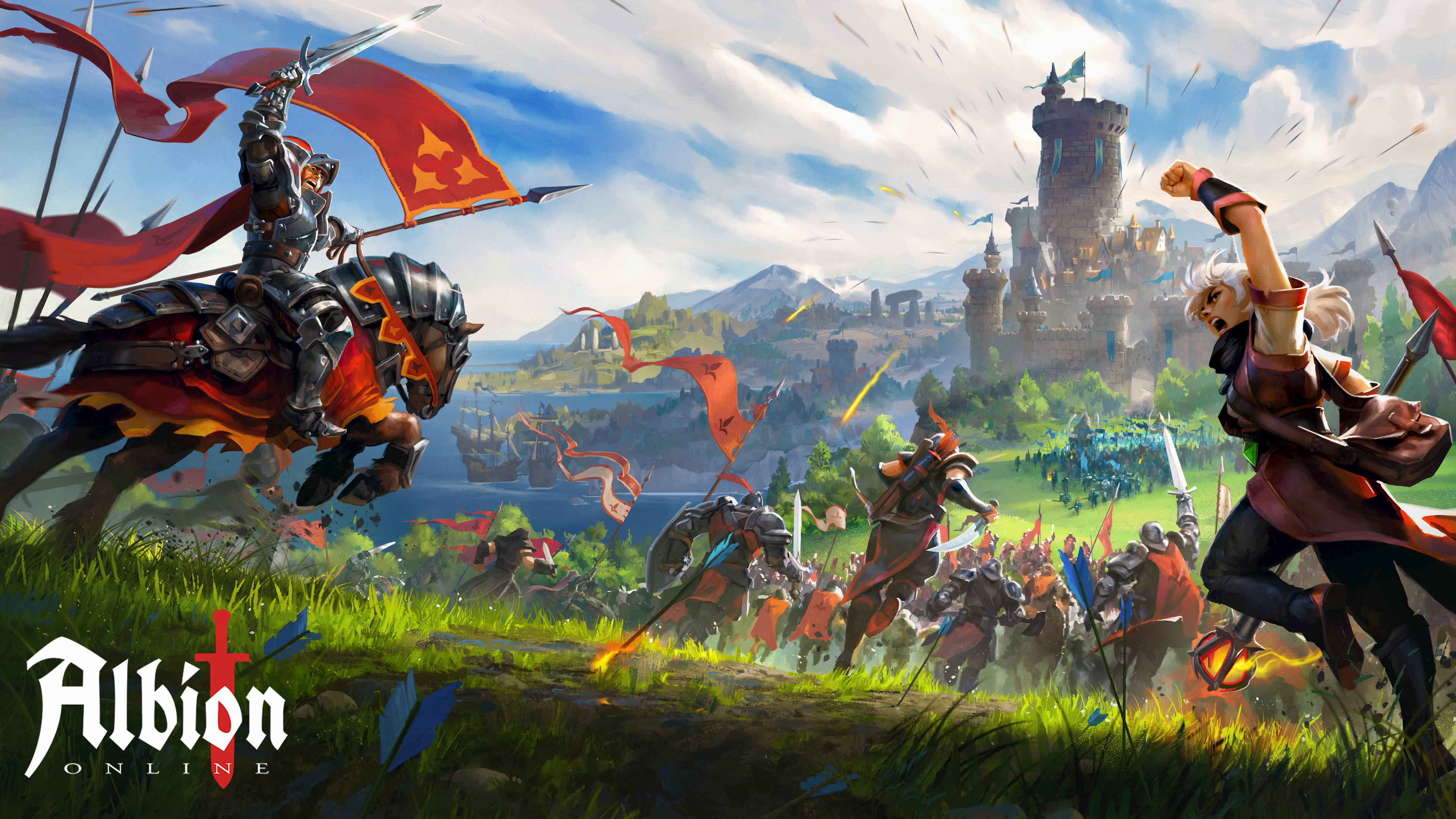 Albion Online knight leading a cavalry charge toward a castle
